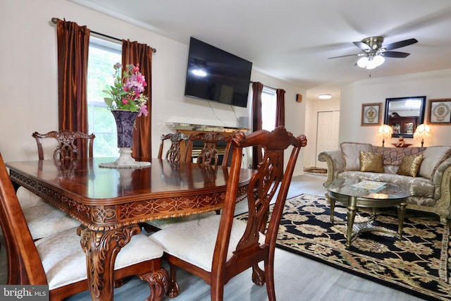 dining area with light wood-type flooring and ceiling fan