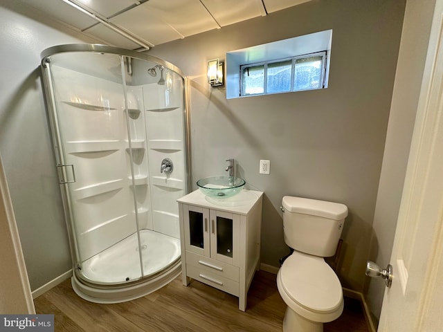 bathroom featuring vanity, wood-type flooring, a shower with shower door, and toilet