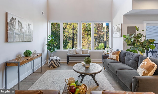 living room with a towering ceiling and light hardwood / wood-style floors