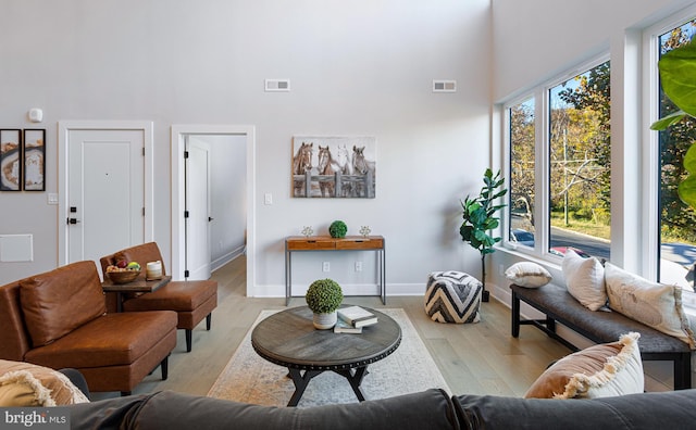 living room with light hardwood / wood-style flooring and a towering ceiling