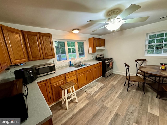 kitchen featuring light hardwood / wood-style flooring, ceiling fan, appliances with stainless steel finishes, and sink