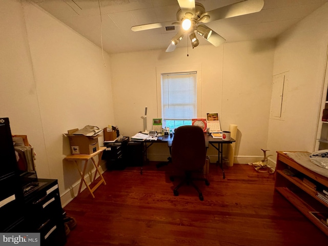 office featuring ceiling fan and dark hardwood / wood-style floors