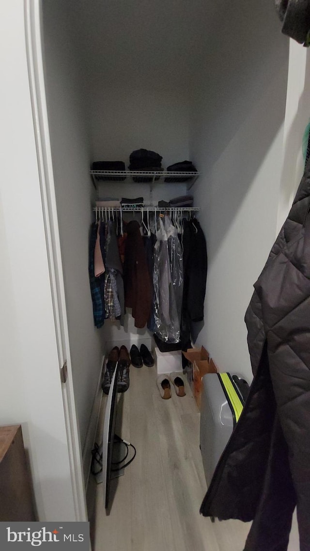 walk in closet with hardwood / wood-style flooring