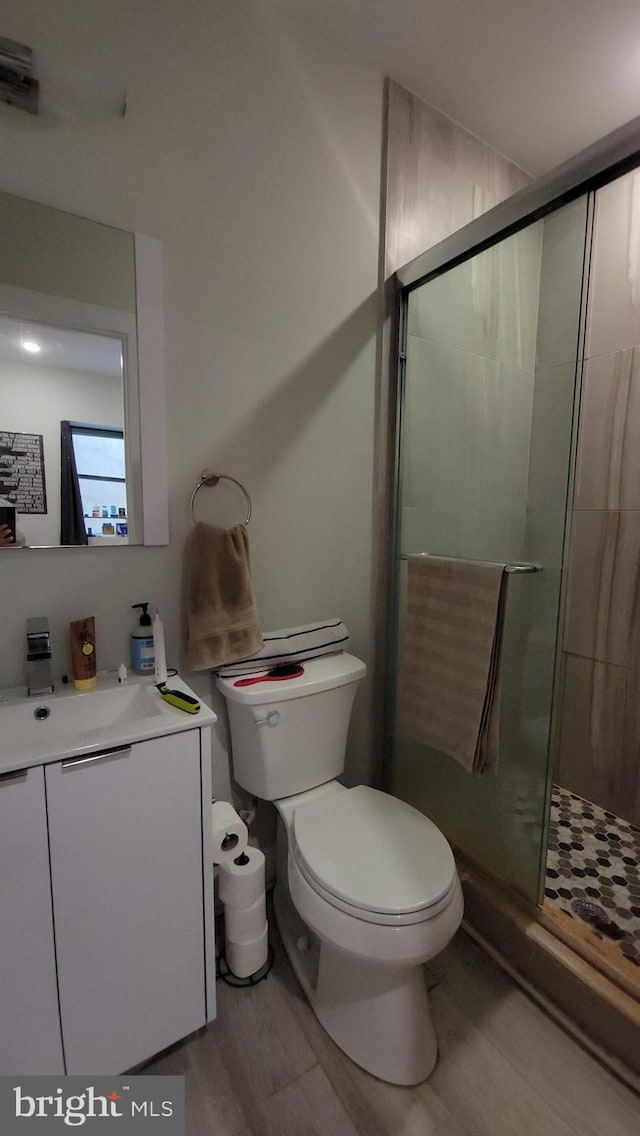 bathroom featuring walk in shower, vanity, and toilet