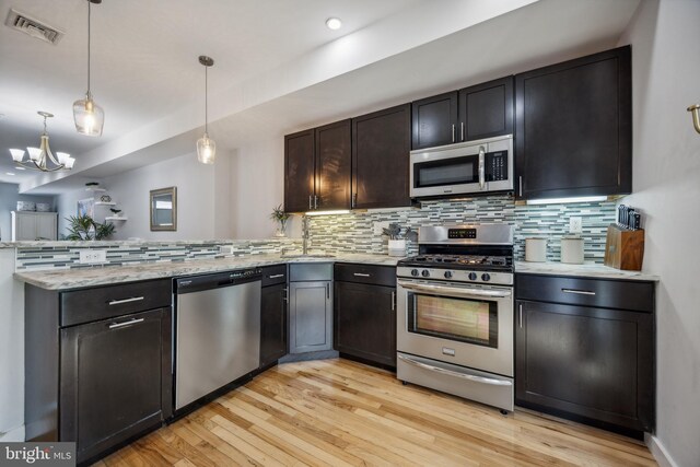 kitchen featuring hanging light fixtures, stainless steel appliances, light hardwood / wood-style floors, sink, and kitchen peninsula