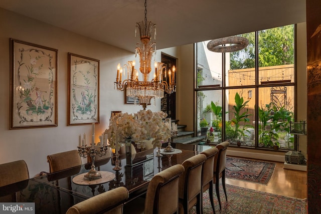 interior space with hardwood / wood-style floors and a chandelier