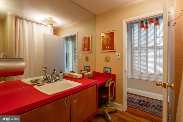 bathroom featuring vanity and hardwood / wood-style flooring