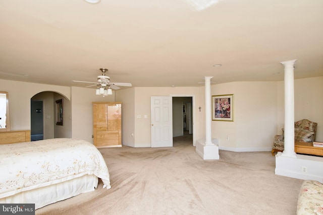 bedroom with light colored carpet and ceiling fan