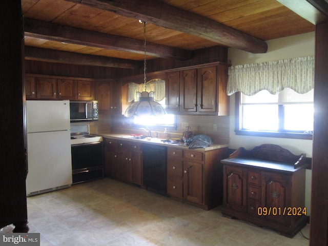 kitchen with wood ceiling, black appliances, beamed ceiling, and hanging light fixtures