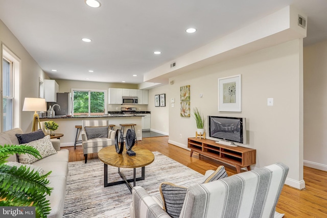 living room with light hardwood / wood-style floors and sink