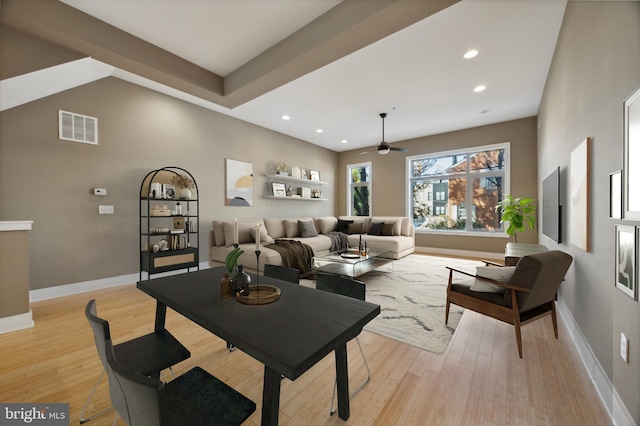 living area with visible vents, baseboards, recessed lighting, light wood-style floors, and a ceiling fan