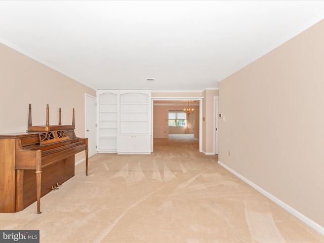 miscellaneous room featuring light carpet, crown molding, and a notable chandelier