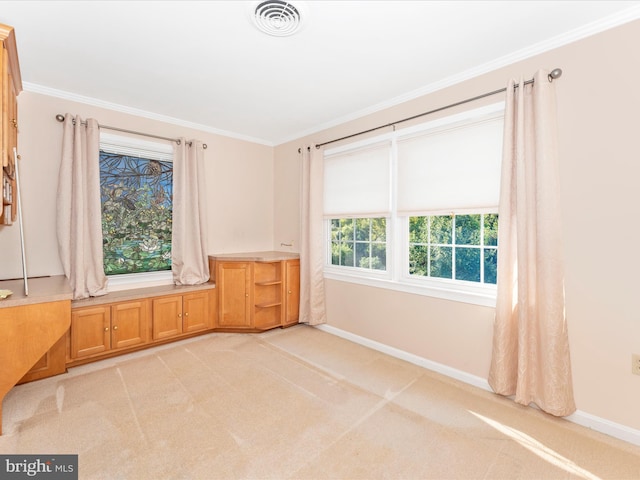 spare room with light carpet and ornamental molding