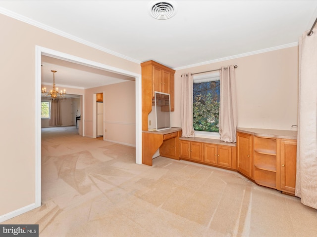 interior space featuring light carpet, ornamental molding, a notable chandelier, and white fridge