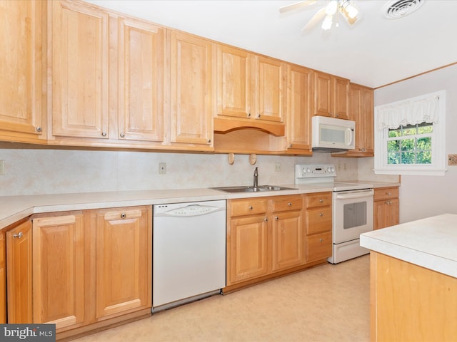 kitchen with white appliances, sink, ceiling fan, and decorative backsplash