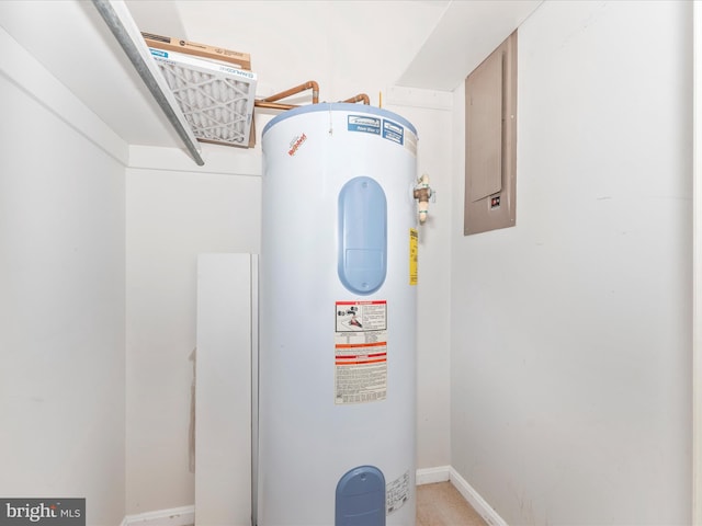 utility room featuring electric panel and water heater