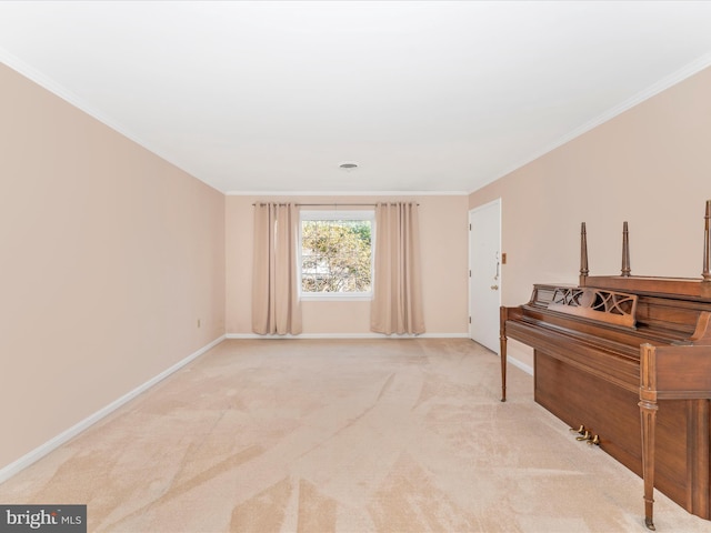 misc room with light carpet and crown molding