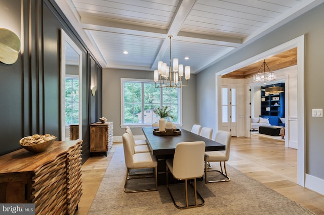 dining room featuring wood ceiling, light hardwood / wood-style flooring, an inviting chandelier, and beamed ceiling