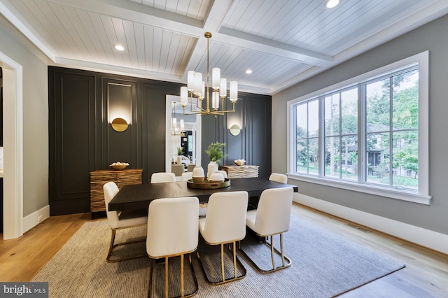 dining room with light wood-type flooring, beamed ceiling, plenty of natural light, and a chandelier