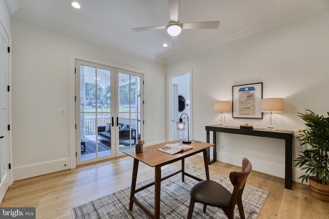 office area with ceiling fan, light hardwood / wood-style floors, crown molding, and french doors