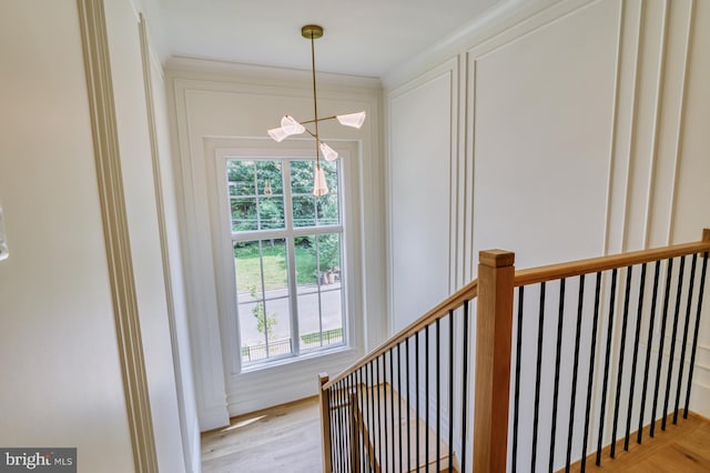 stairway with hardwood / wood-style flooring, a chandelier, and crown molding