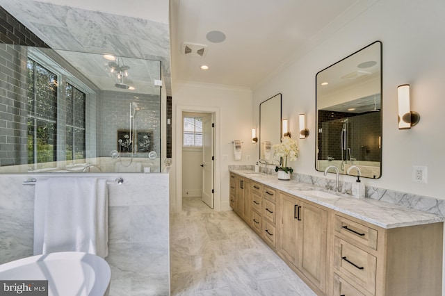 bathroom featuring a shower with shower door, plenty of natural light, ornamental molding, and vanity