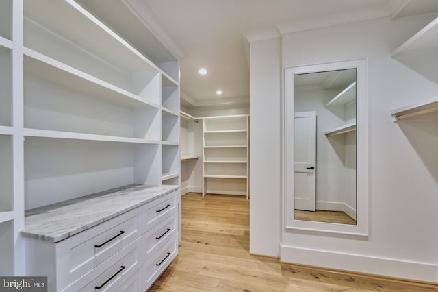 walk in closet with light wood-type flooring