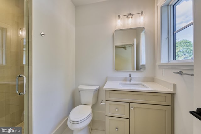 bathroom with walk in shower, toilet, and vanity