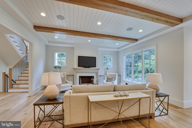 living room featuring light hardwood / wood-style flooring, wooden ceiling, and beam ceiling