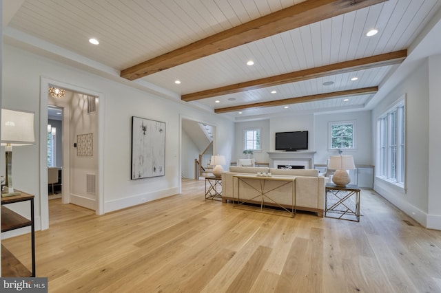 living room featuring light wood-type flooring, beam ceiling, and wooden ceiling