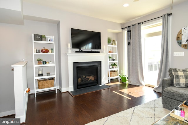 living room with dark hardwood / wood-style flooring