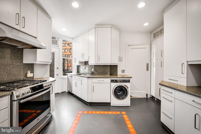 kitchen featuring dishwashing machine, washer / clothes dryer, white cabinets, under cabinet range hood, and stainless steel gas stove