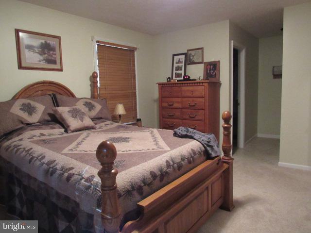 bedroom featuring light carpet