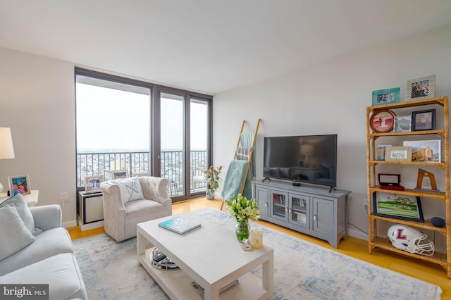 living room featuring a wall of windows and light hardwood / wood-style flooring