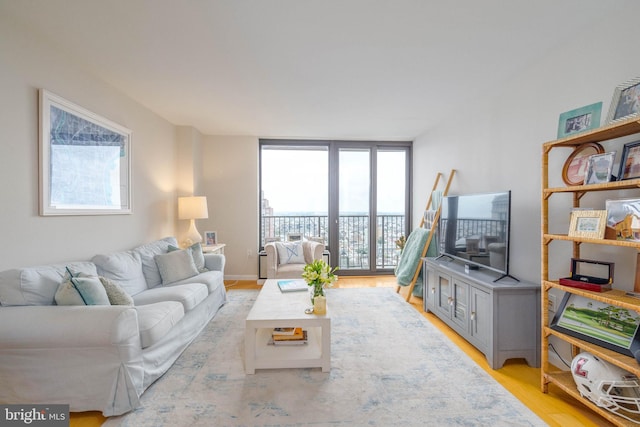 living room with light hardwood / wood-style floors and a wall of windows