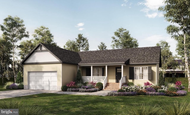 single story home with a garage, covered porch, and a front lawn