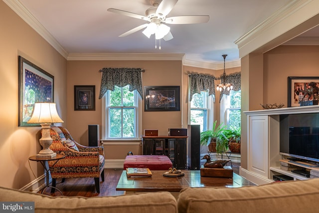 living room with ceiling fan with notable chandelier, hardwood / wood-style flooring, and crown molding