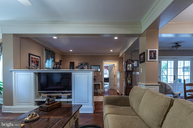 living room featuring french doors, crown molding, and dark wood-type flooring