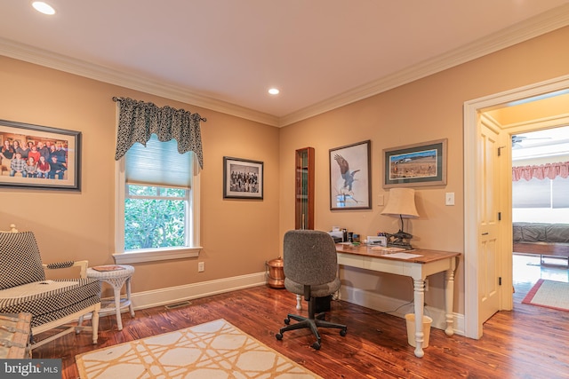 office space with wood-type flooring and crown molding