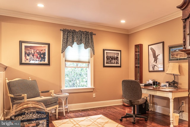 office area featuring ornamental molding and dark wood-type flooring