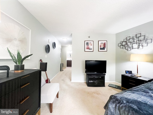 bedroom with light colored carpet, a textured ceiling, and baseboards