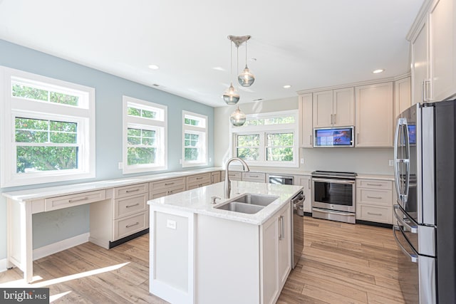 kitchen featuring a kitchen island with sink, appliances with stainless steel finishes, a healthy amount of sunlight, and sink