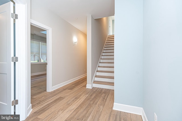 stairway with hardwood / wood-style flooring