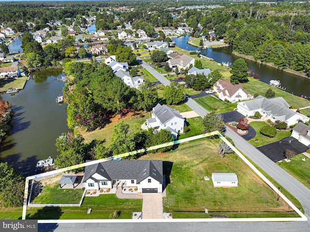 drone / aerial view featuring a water view