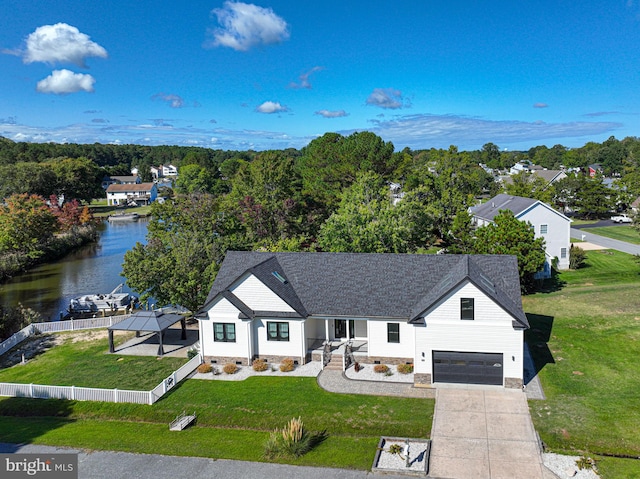 exterior space with a water view