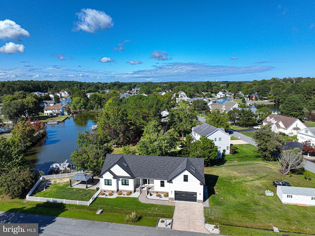 drone / aerial view featuring a water view