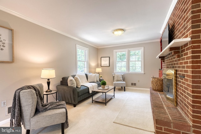 carpeted living room with a fireplace and ornamental molding