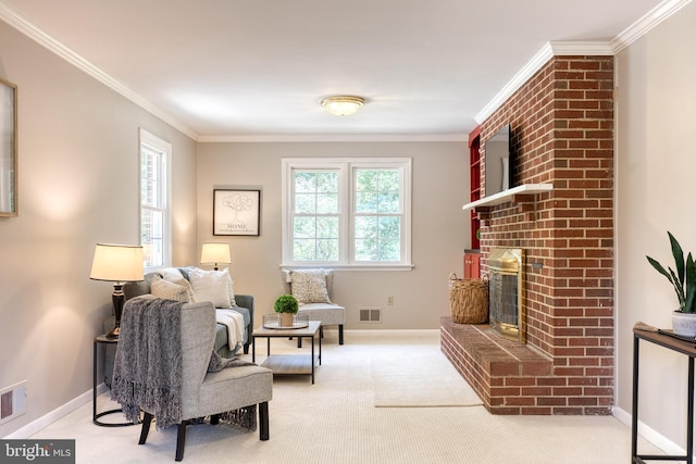 living area featuring light carpet, a fireplace, and ornamental molding