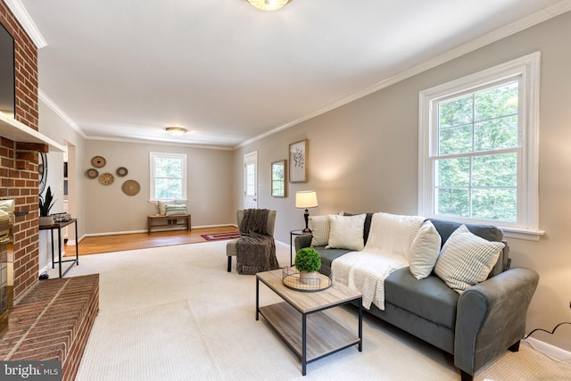 living room featuring light hardwood / wood-style floors, crown molding, and a fireplace