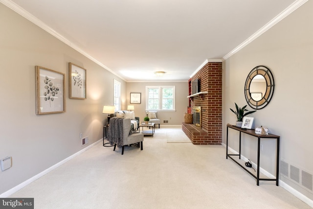 living area featuring light carpet, a fireplace, and ornamental molding